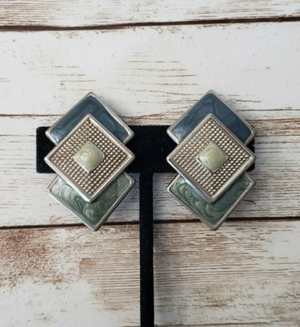 Vintage Clip On Earrings - Layered Blue & Green Diamond Shapes Large Statement